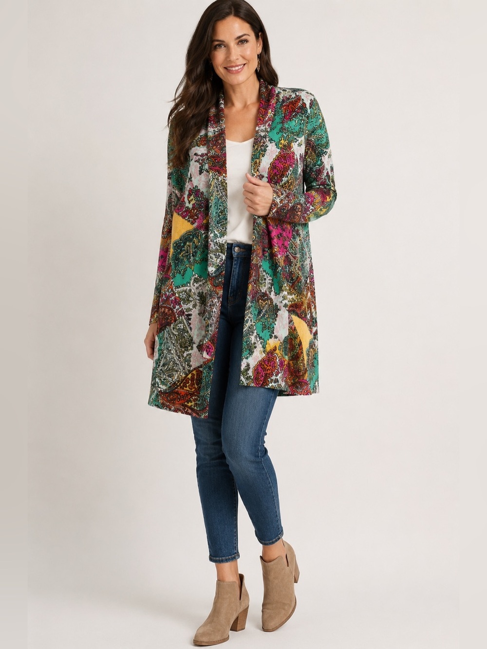 Sundance Linen Cotton Paisley Open Front Cardigan Duster Sweater Size Small Boho